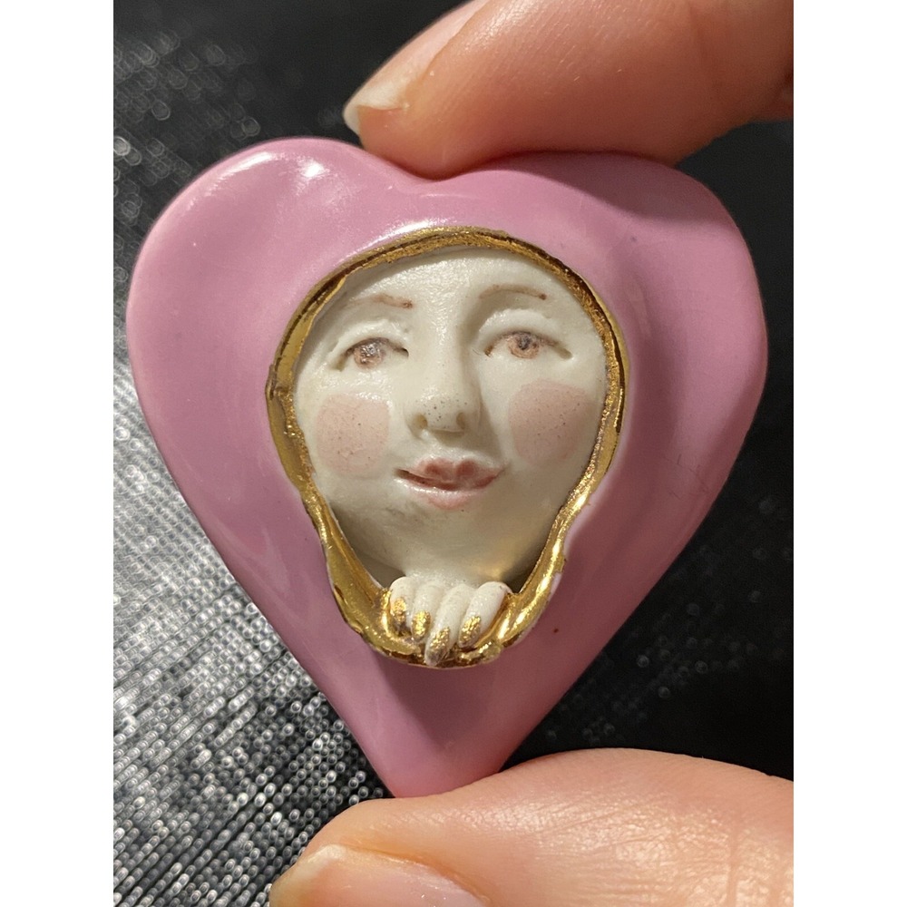 VNTG Clay Heart W/Face Getting Out Of Heart 3-D brooch Art deco Hand Made Sign